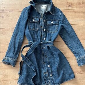 Zara Women's Belted Dark Blue Jean Jacket